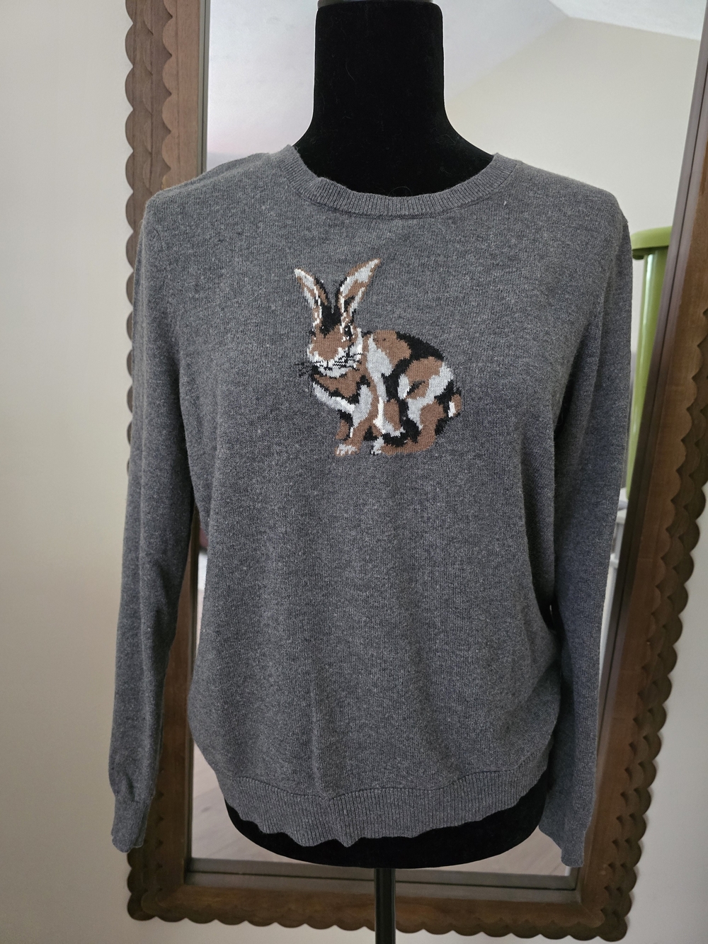 Charter Club Gray Crewneck Sweater with Rabbit Intarsia